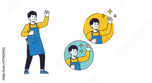 A determined man in an apron makes a fist pump gesture, symbolizing motivation and success after a job well done.
