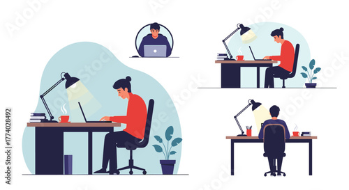Various illustrations show a person working diligently on a laptop at a desk, surrounded by a lamp, books, and coffee, depicting productivity in a home office setting.