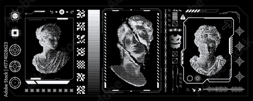 Hi-tech elements, HUD interface, cyberpunk concept. Futuristic graphic box with digital art lettering, inscriptions, phrases. Vector Streetwear cyberpunk set. Translation from Japanese - cybernetics