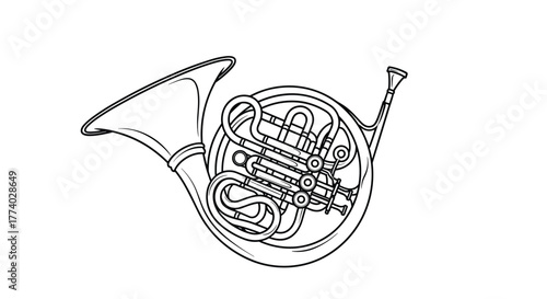Detailed black and white line art illustration of a classical orchestral brass instrument, the French horn, against a clean white background.