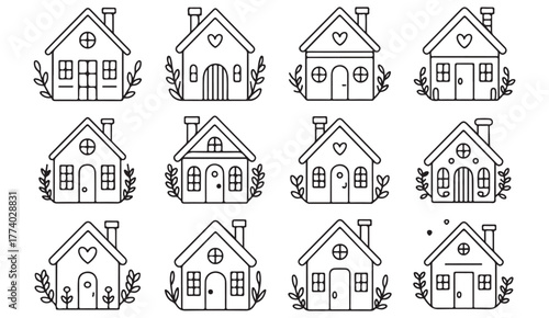 Cute Cottage Vector Set – Hand Drawn Floral Houses with Decorative Botanical Line Art