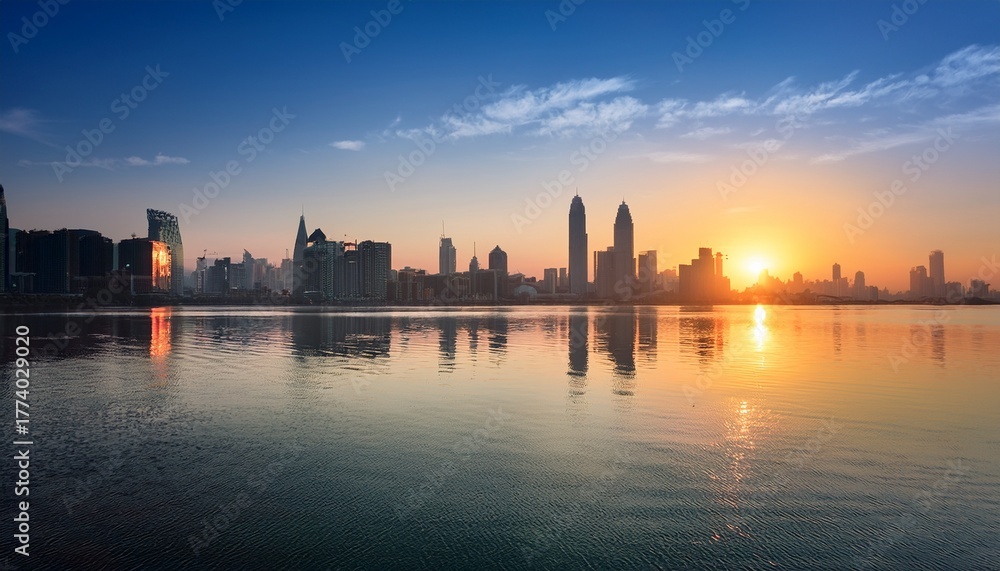 Fototapeta premium city skyline at sunrise over calm water