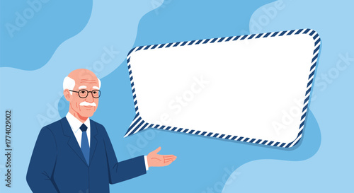 Elderly man in a suit, with glasses and a mustache, gestures towards a large blank speech bubble for a custom message.