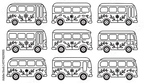 Floral Decorated Travel Vans – Minimalist Line Art Retro Vehicle Collection