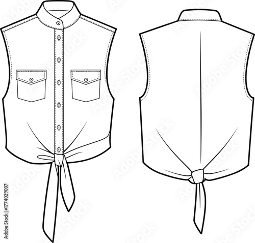 Sleeveless tie front shirt flat sketch, button down blouse technical drawing, women fashion top vector design template for apparel illustration