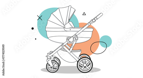 Elegant outline illustration of a baby stroller or pram with a detachable bassinet, accented by colorful and abstract geometric background shapes.