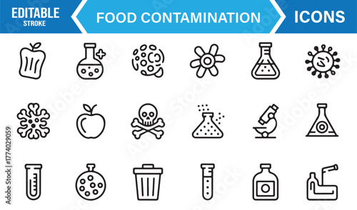 Food Contamination Outline Vector Set – Bacteria, Lab, and Chemical Hazard Icons for Safety and Hygiene Design Projects