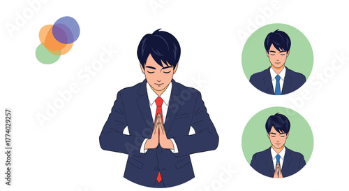 A young businessman in a dark suit closes his eyes and clasps his hands together in a respectful gesture, with accompanying profile illustrations.