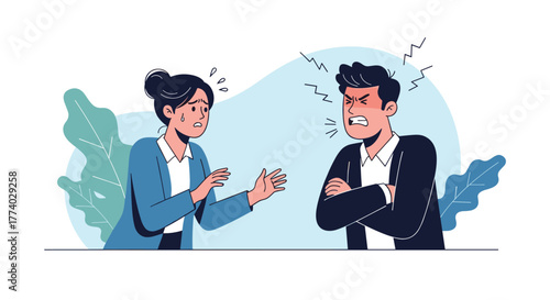 A fearful woman is confronted by an enraged, shouting man, illustrating intense conflict, stress, and a serious communication breakdown.