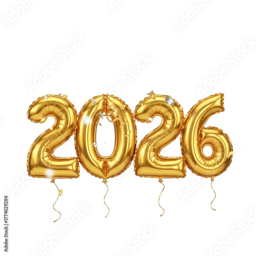 Golden balloons spelling out twenty twenty six isolated illuustration on transparent background