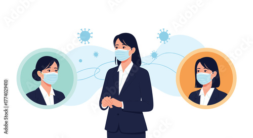 Businesswomen in face masks communicate remotely, emphasizing social distancing and health safety during the coronavirus pandemic.