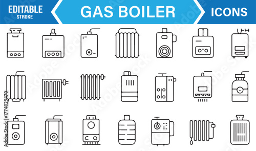 Gas Boiler Outline Vector Set – Heating System and Radiator Icon Collection for Home Appliance and Energy Design