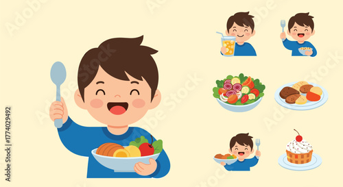 A happy cartoon boy enthusiastically enjoys a variety of food, including healthy meals, sweet treats, and refreshing drinks.