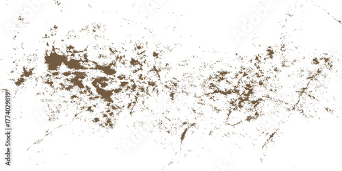 Macro closeup of brown and black coffee powder heap on white background, resembling an abstract grunge background with ink splat blots