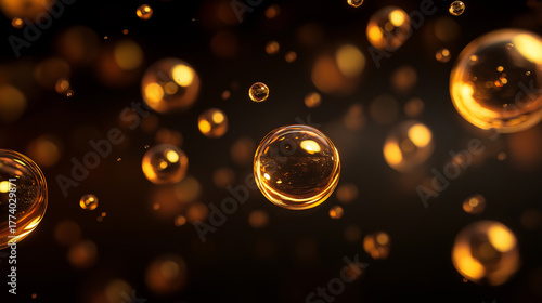Floating golden orbs on dark luxury backdrop, spot lighting, glossy texture