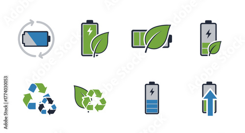 Collection of Eco-Friendly Battery Icons with Green Leaves.