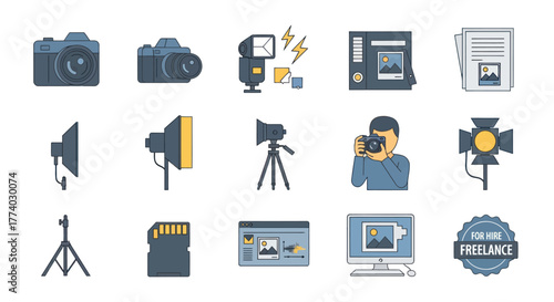 Flat Design Photography Equipment and Studio Gear Icons Set.