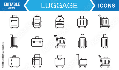 Travel Luggage Outline Vector Set – Suitcase, Backpack, and Rolling Bag Icons for Vacation and Tourism Design Projects