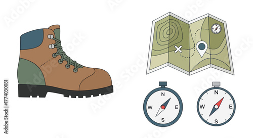 Hiking Boot Map and Compasses for Outdoor Adventure.