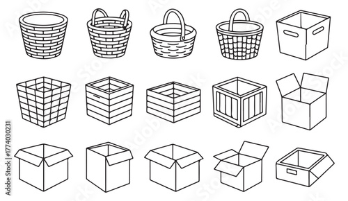 Black and white vector set of baskets and boxes — perfect for packaging, delivery, and home storage designs