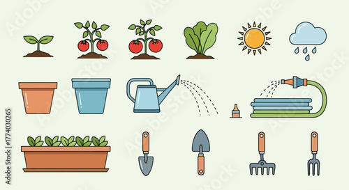 Collection of Gardening Icons Illustrating Plant Growth and Care.
