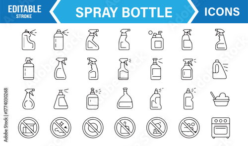 Minimal Line Spray Bottle Icons – Hygiene, Disinfection, and House Cleaning Vector Illustration Set