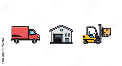 Logistics elements: delivery truck, warehouse, forklift loading box in flat style