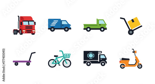 Colorful flat icons of various transportation and delivery vehicles