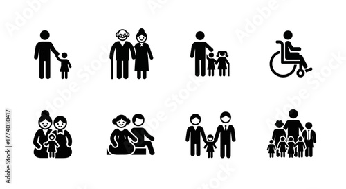 Diverse family icons: modern silhouette representations of family and accessibility