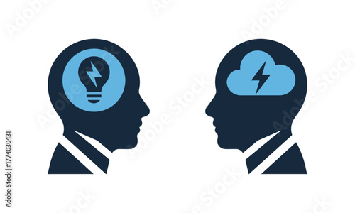 Two silhouetted heads facing each other with icons representing ideas and problems in their minds on a white background