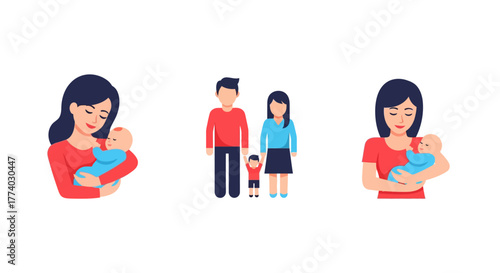 Family moments: parents and child in flat design