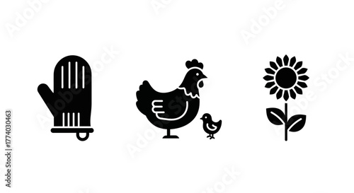 Silhouette icons of oven mitt, chicken family, and sunflower for kitchen designs