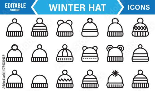 Winter Beanie Outline Icons – Knitted Hat and Pom Pom Line Vector Illustration for Apparel and Accessory Design
