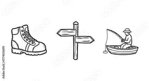 Outdoor adventure icons: hiking boot, direction sign, fisherman in boat
