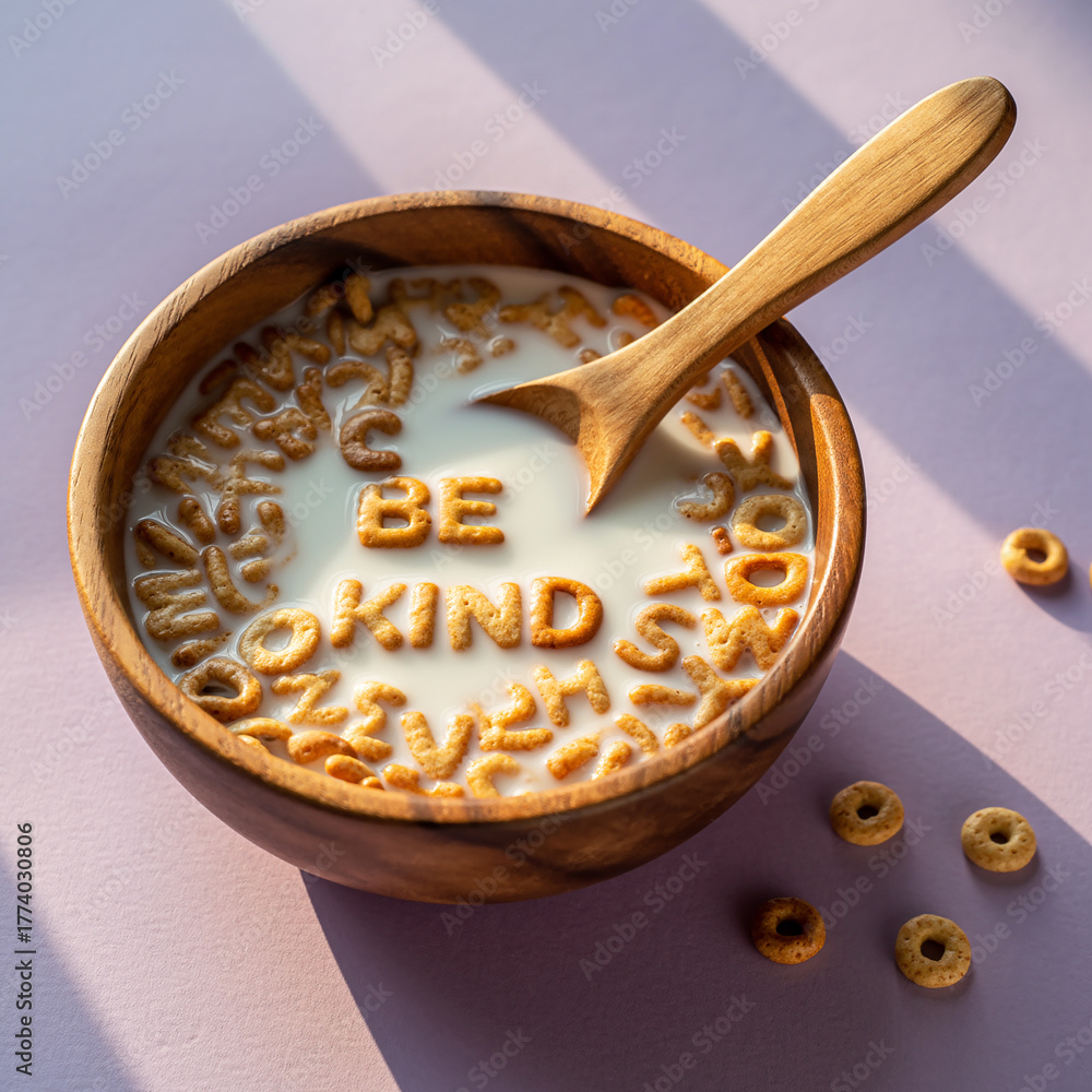 Naklejka premium “Be Kind” Cereal Letters in Milk Bowl on Warm Brown Background
