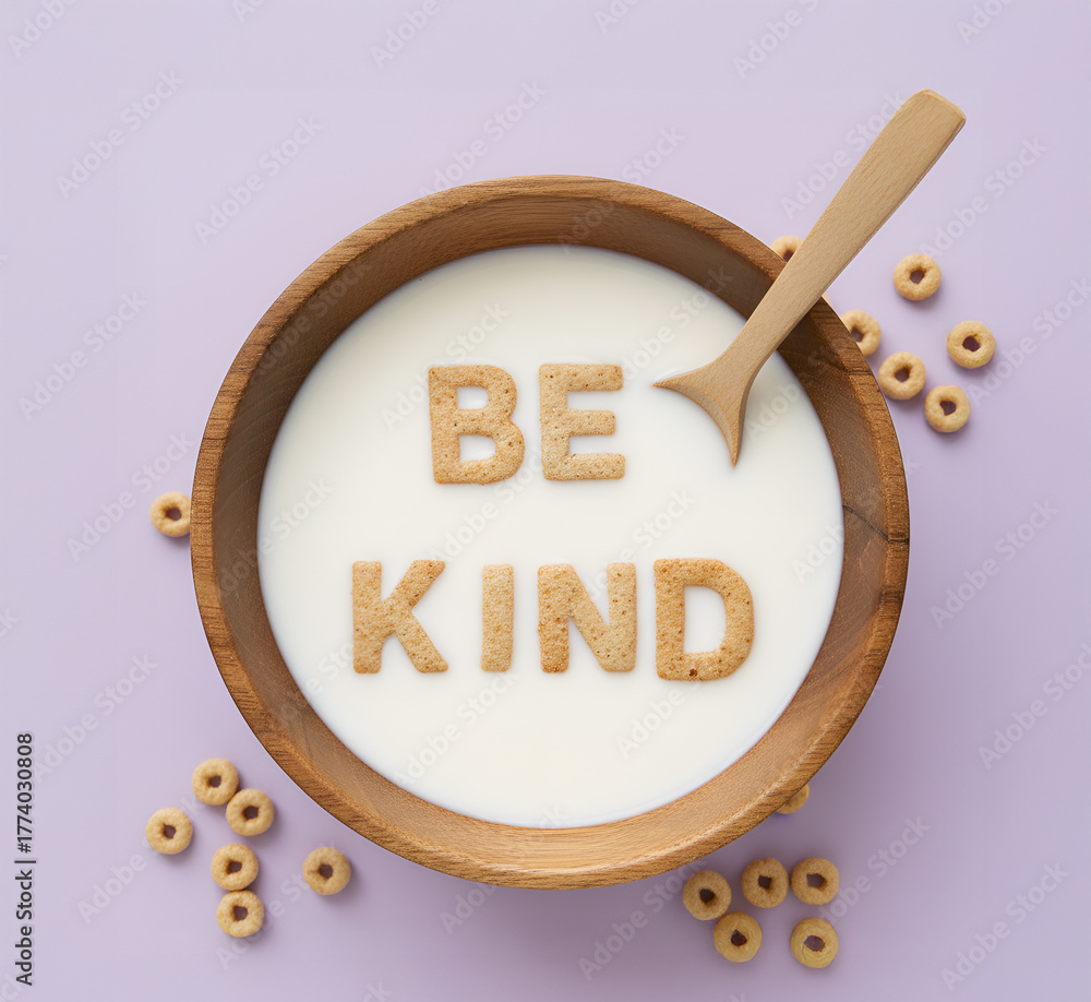 Obraz premium “Be Kind” Cereal Letters in Milk Bowl on White Background