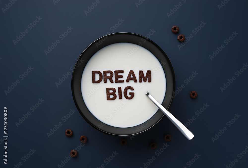 Naklejka premium “Dream Big” Cereal Letters in Milk Bowl on Navy Background