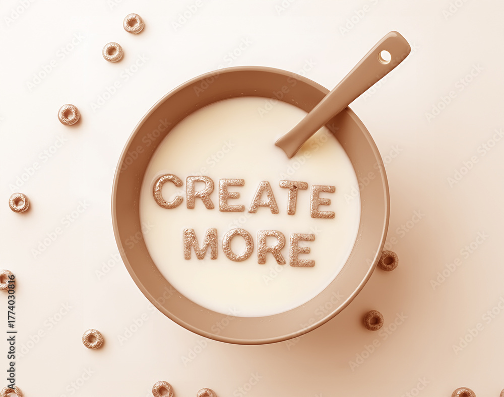 Naklejka premium “Create More” Cereal Letters in Milk Bowl on Beige Background