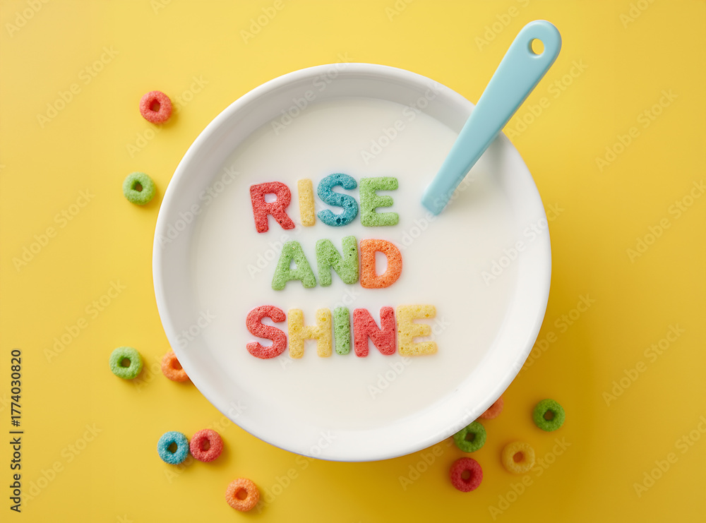 Naklejka premium “Rise and Shine” Cereal Letters in Milk Bowl on Yellow Background