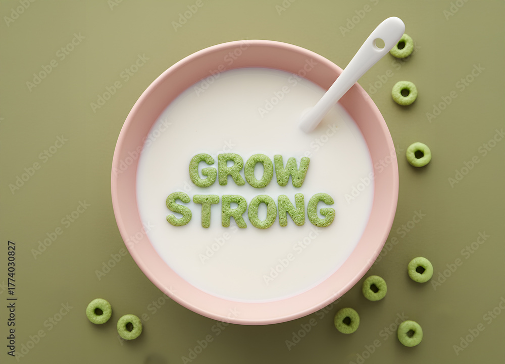 Naklejka premium “Grow Strong” Cereal Message in Milk Bowl on Green Background