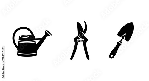 Gardening tools silhouette set: watering can, pruning shears, and trowel icons