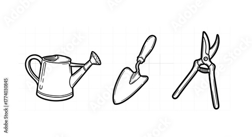 Garden tools line art: watering can, trowel, and pruning shears on grid background
