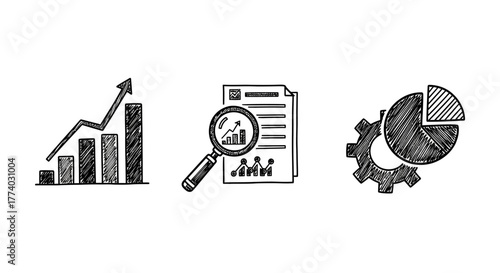 Hand drawn analytics icons featuring growth chart, report document, and gear with pie chart