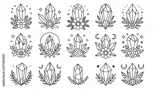 Hand-drawn black and white gemstone illustration collection featuring flowers and celestial decorative elements