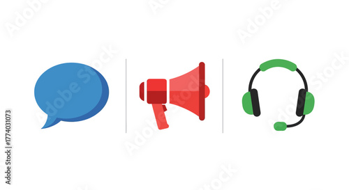 Flat icon set: chat bubble, megaphone, headset for communication concepts
