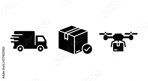 Delivery and logistics icons featuring truck, box, and drone in black silhouette