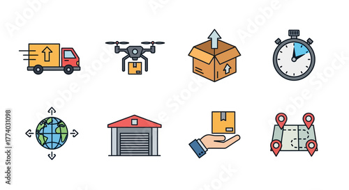Colorful icons of modern delivery and shipping services with logistics elements