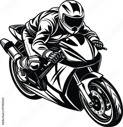 Black and white illustration of a motorcycle racer in full gear