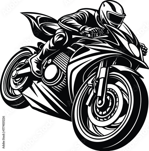 Black and white illustration of a motorcycle racer on a sportbike