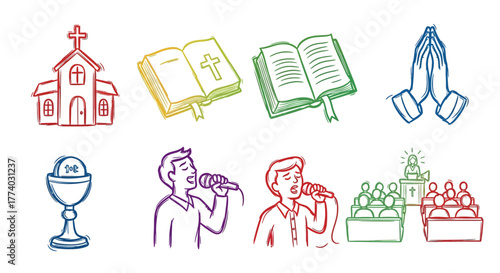 Colorful line art of church symbols and activities